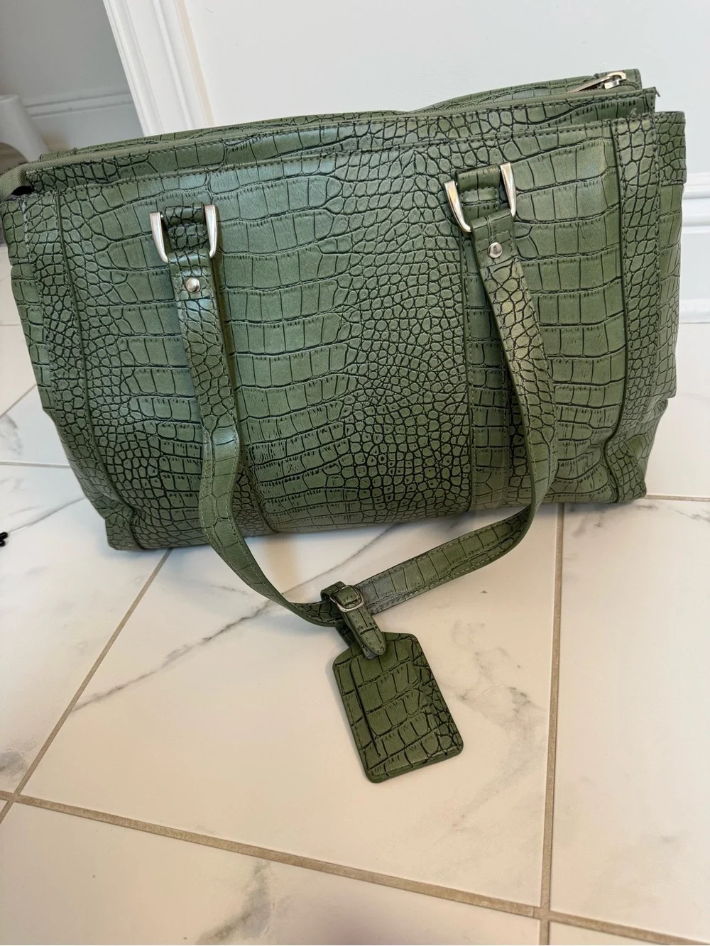 Diane Von Furstenberg Olive Green Croc-Embossed Shoulder Bag